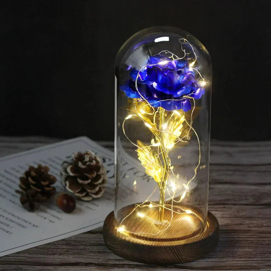 EternalBloom | Preserved Rose – Warm LED Glow Dark golden stem blue Decoluxe.co.uk