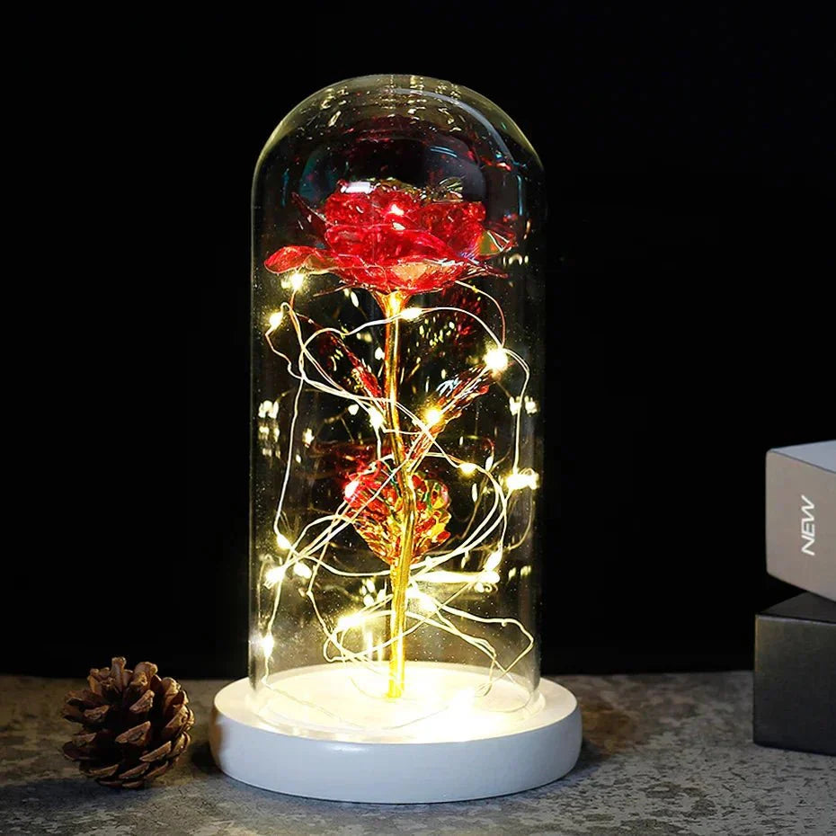 EternalBloom | Preserved Rose – Warm LED Glow Red golden stem white Decoluxe.co.uk
