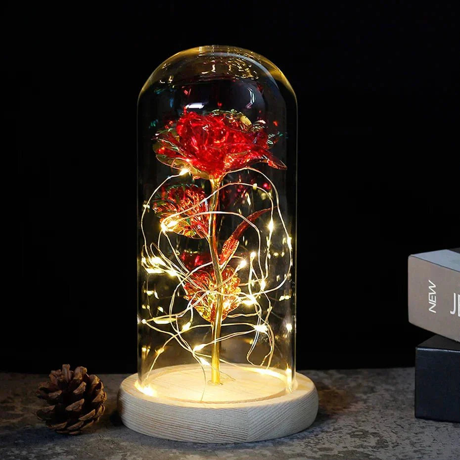 EternalBloom | Preserved Rose – Warm LED Glow Red stem golden light oak Decoluxe.co.uk