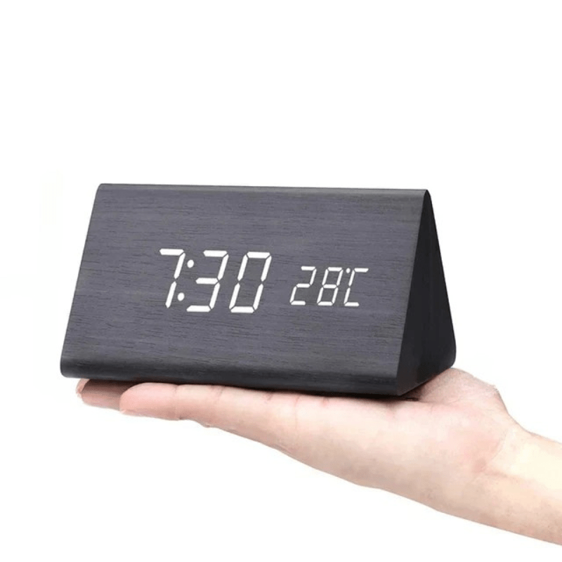 VocaTone | LED Alarm Clock – Minimalist Sound-Activated Display Black triangle Decoluxe.co.uk