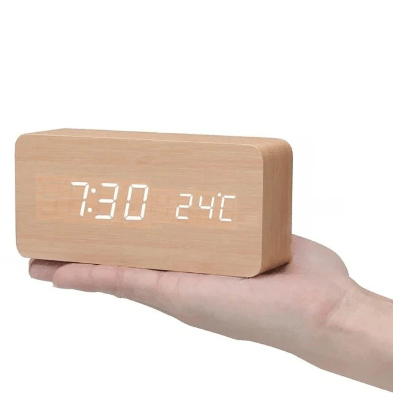 VocaTone | LED Alarm Clock – Minimalist Sound-Activated Display Wooden cube-shaped Decoluxe.co.uk