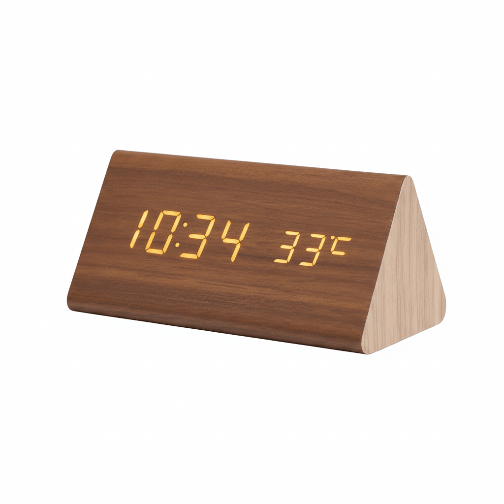 Timbrix - Voice-Activated Triangular LED Desk Clock Wooden Cube-Shaped Decoluxe.co.uk
