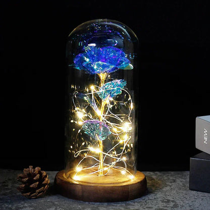 EternalBloom | Preserved Rose – Warm LED Glow Blue golden stem oak Decoluxe.co.uk