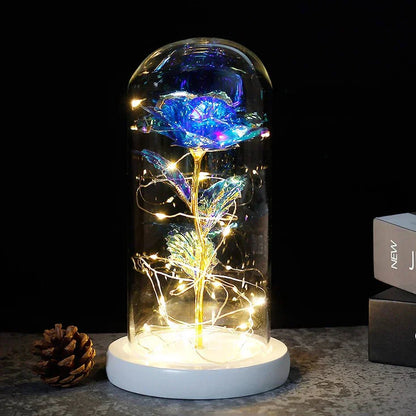 EternalBloom | Preserved Rose – Warm LED Glow Blue golden stem white Decoluxe.co.uk