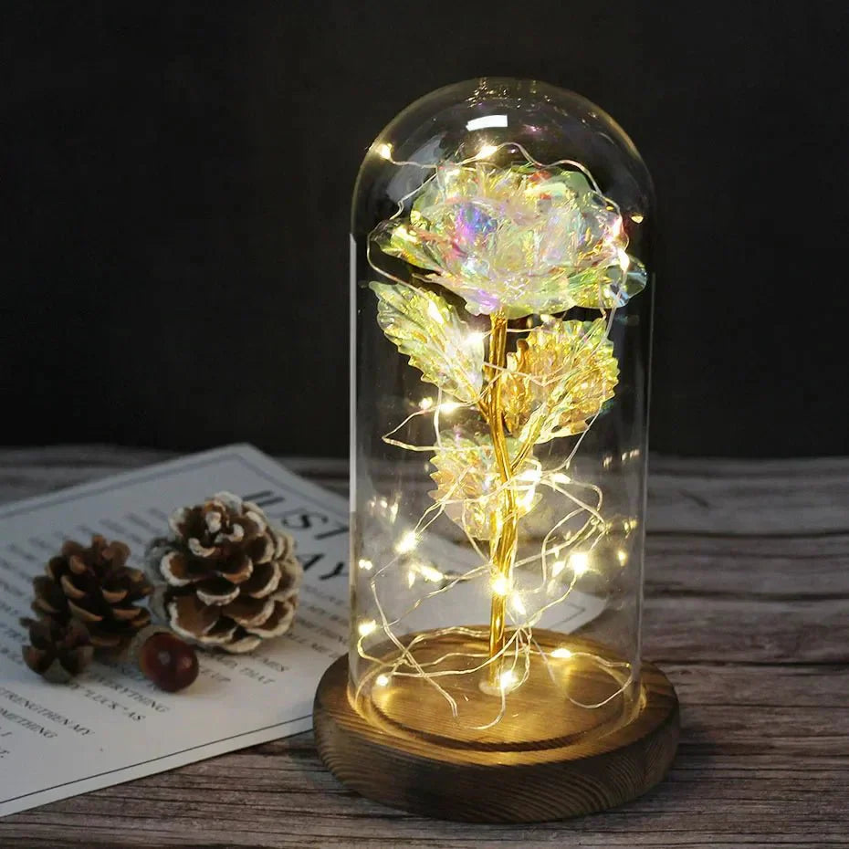EternalBloom | Preserved Rose – Warm LED Glow Crystal golden stem dark oak Decoluxe.co.uk