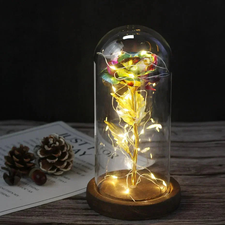 EternalBloom | Preserved Rose – Warm LED Glow Dark golden stem rainbow Decoluxe.co.uk