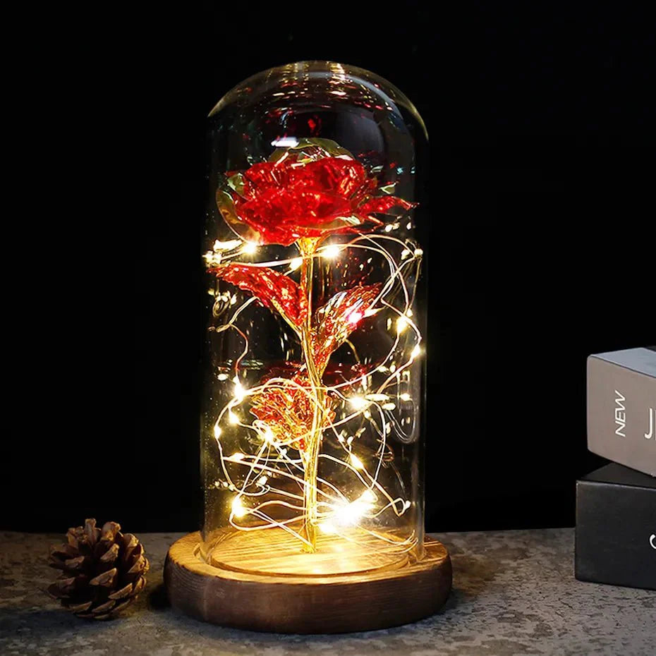 EternalBloom | Preserved Rose – Warm LED Glow Dark golden stem red Decoluxe.co.uk