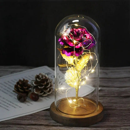 EternalBloom | Preserved Rose – Warm LED Glow Dark golden stem violet Decoluxe.co.uk