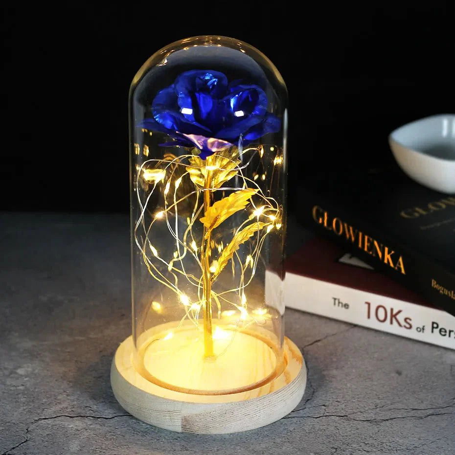 EternalBloom | Preserved Rose – Warm LED Glow Light golden stem blue Decoluxe.co.uk