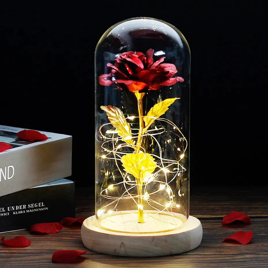 EternalBloom | Preserved Rose – Warm LED Glow Light golden stem red Decoluxe.co.uk