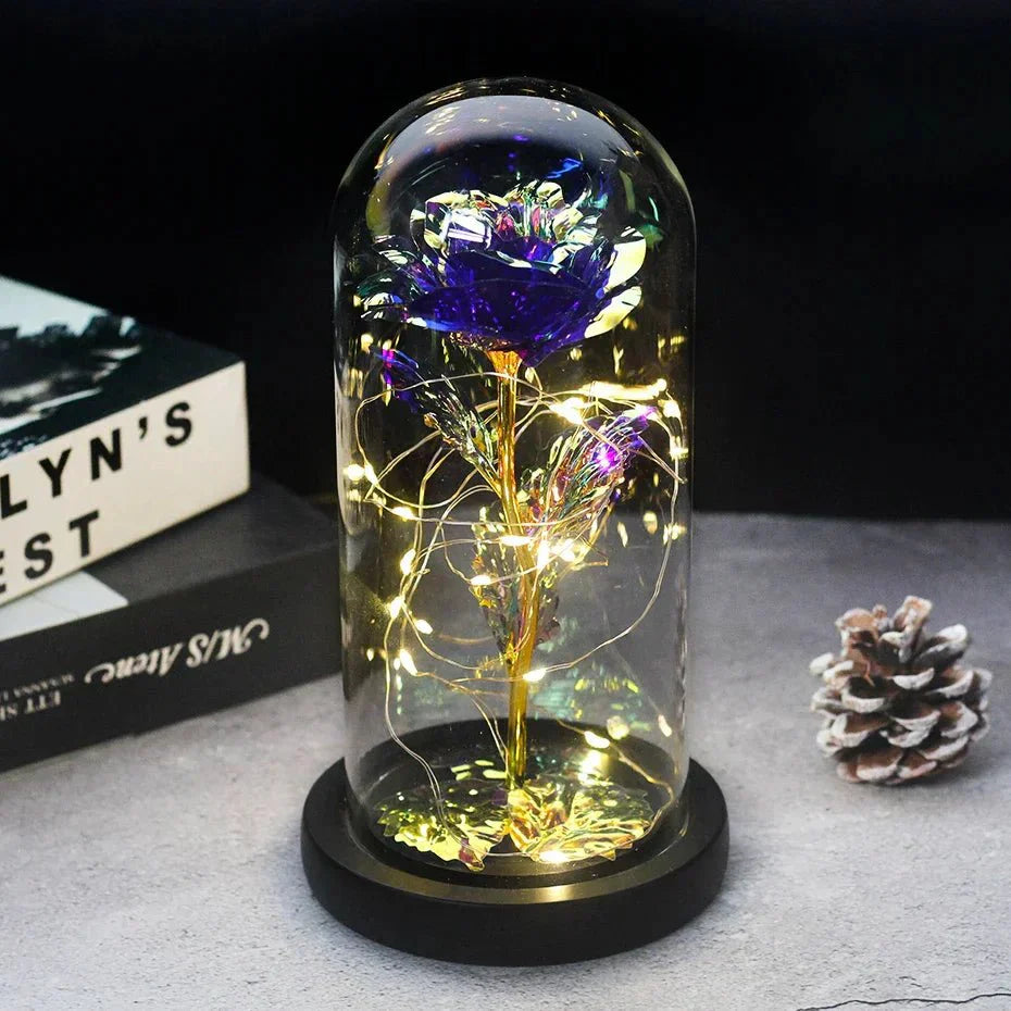 EternalBloom | Preserved Rose – Warm LED Glow Purple steel gold black Decoluxe.co.uk