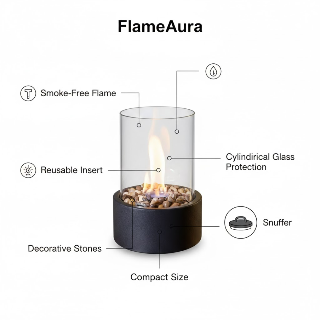FlameAura | Bioethanol Table Fireplace – Smoke-Free Flame & Modern Design Table Lamps Decoluxe.co.uk