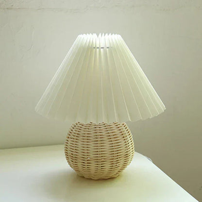 GlowHeritage | Vintage Table Lamp – Pleated Shade & Warm Atmosphere Rattan and White Decoluxe.co.uk