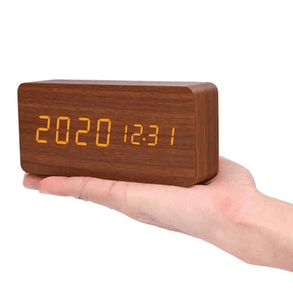 VocaTone | LED Alarm Clock – Minimalist Sound-Activated Display Brown bar-shaped Decoluxe.co.uk