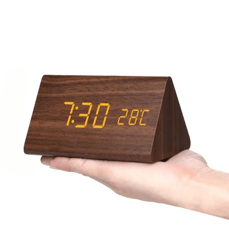 VocaTone | LED Alarm Clock – Minimalist Sound-Activated Display Brown-triangular Decoluxe.co.uk