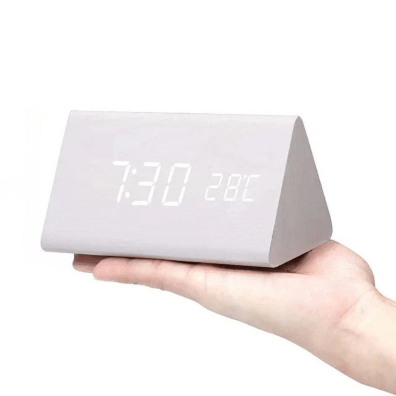 VocaTone | LED Alarm Clock – Minimalist Sound-Activated Display White triangle Decoluxe.co.uk