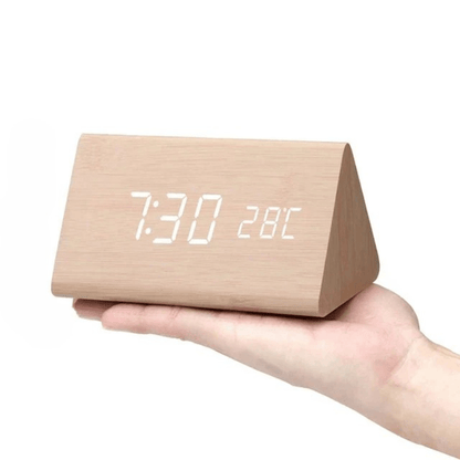 VocaTone | LED Alarm Clock – Minimalist Sound-Activated Display Wooden-triangular Decoluxe.co.uk